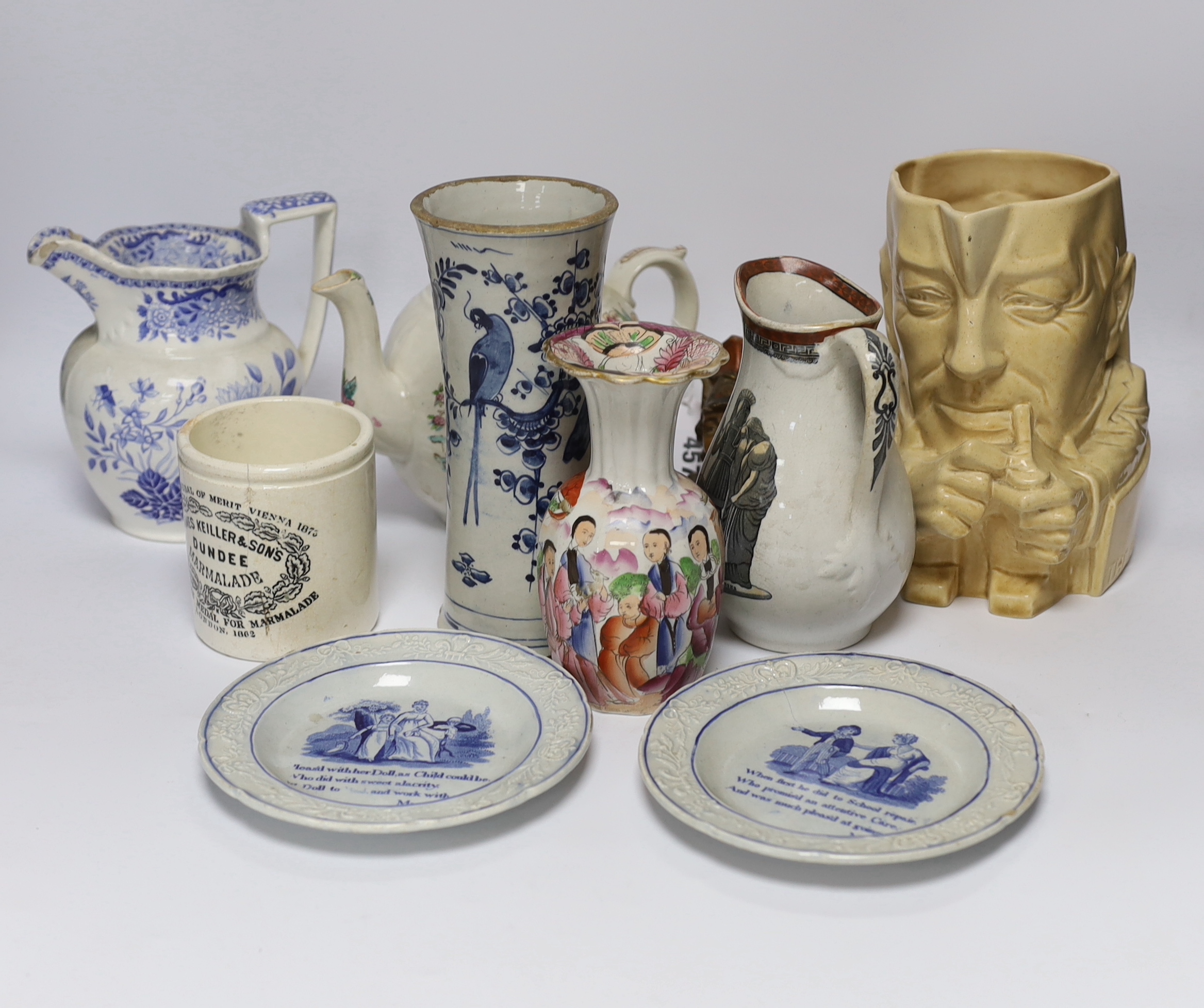 A mixed collection of porcelain to include a pair of transfer printed blue and white verse plates, Masons, Delft etc
